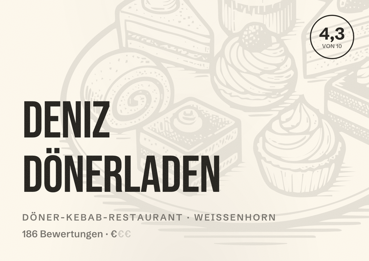 Illustriertes Poster von DENIZ Dönerladen, Döner-Kebab-Restaurant in Weißenhorn: Bewertung 4,3 von 10 aus 186 Bewertungen, Preisniveau €