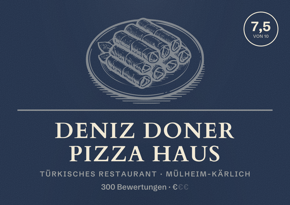 Illustriertes Poster von Deniz doner pizza haus, Türkisches Restaurant in Mülheim-Kärlich: Bewertung 7,5 von 10 aus 300 Bewertungen, Preisniveau €