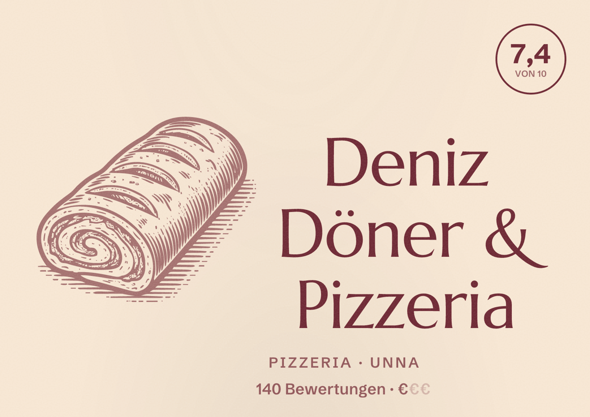 Illustriertes Poster von Deniz Döner & Pizzeria, Pizzeria in Unna: Bewertung 7,4 von 10 aus 140 Bewertungen, Preisniveau €