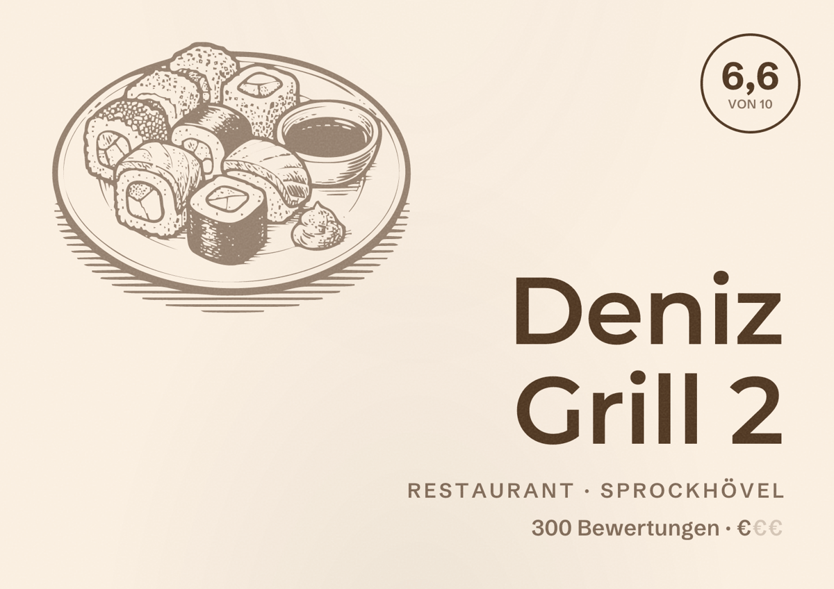 Illustriertes Poster von Deniz Grill 2, Restaurant in Sprockhövel: Bewertung 6,6 von 10 aus 300 Bewertungen, Preisniveau €