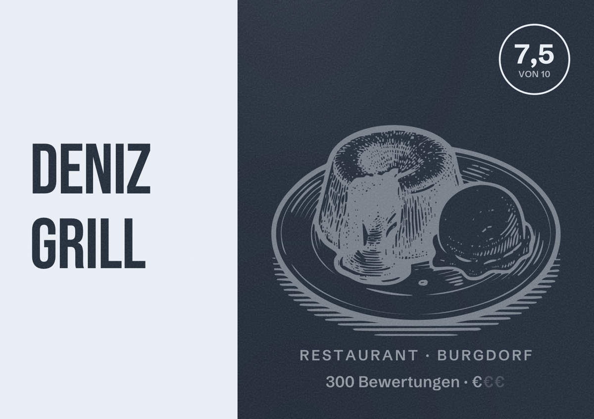Illustriertes Poster von Deniz Grill, Restaurant in Burgdorf: Bewertung 7,5 von 10 aus 300 Bewertungen, Preisniveau €