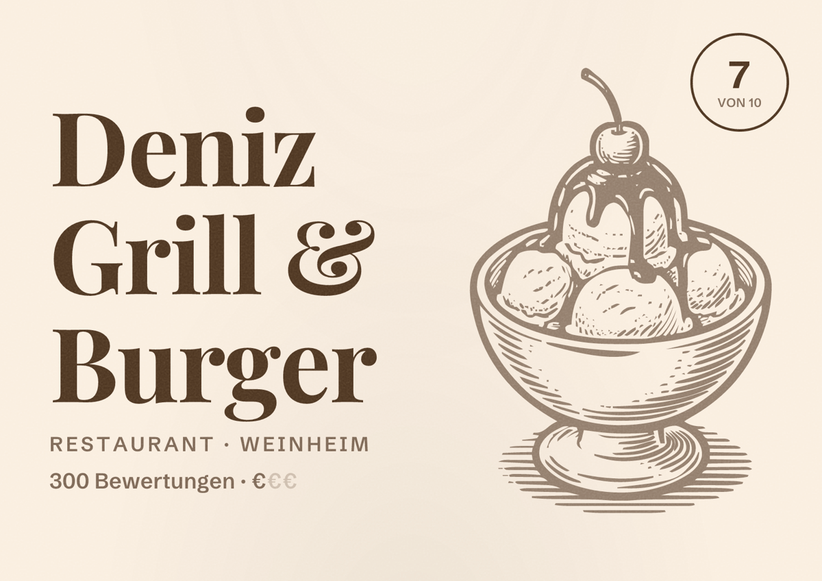 Illustriertes Poster von Deniz Grill & Burger, Restaurant in Weinheim: Bewertung 7 von 10 aus 300 Bewertungen, Preisniveau €
