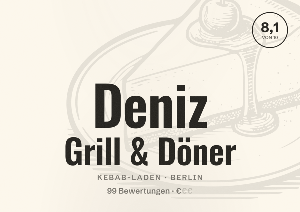 Illustriertes Poster von Deniz Grill & Döner, Kebab-Laden in Berlin: Bewertung 8,1 von 10 aus 99 Bewertungen, Preisniveau €
