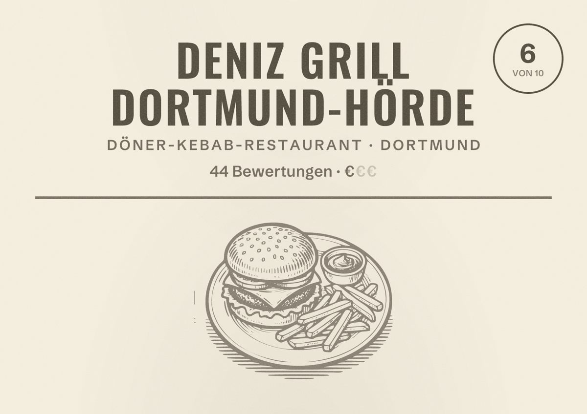 Illustriertes Poster von Deniz Grill Dortmund-Hörde, Döner-Kebab-Restaurant in Dortmund: Bewertung 6 von 10 aus 44 Bewertungen, Preisniveau €
