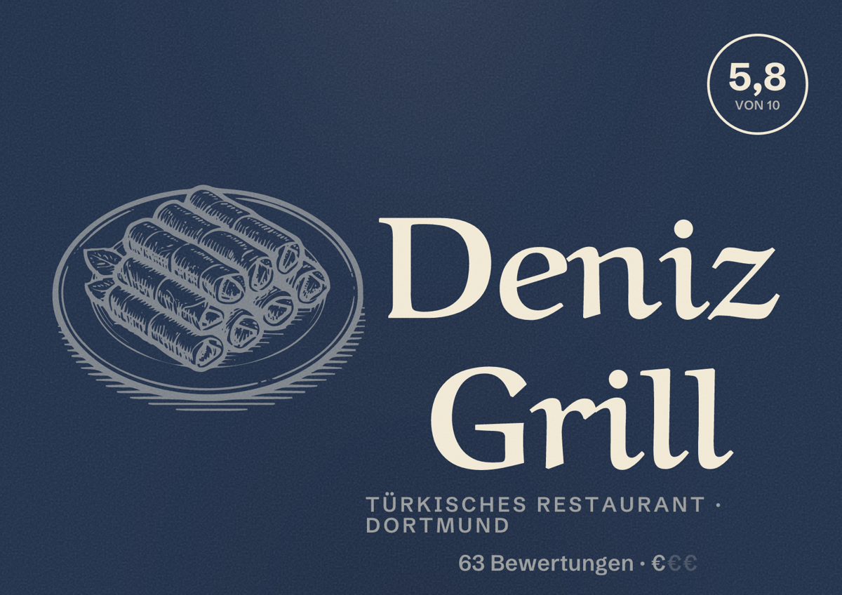 Illustriertes Poster von Deniz Grill, Türkisches Restaurant in Dortmund: Bewertung 5,8 von 10 aus 63 Bewertungen, Preisniveau €