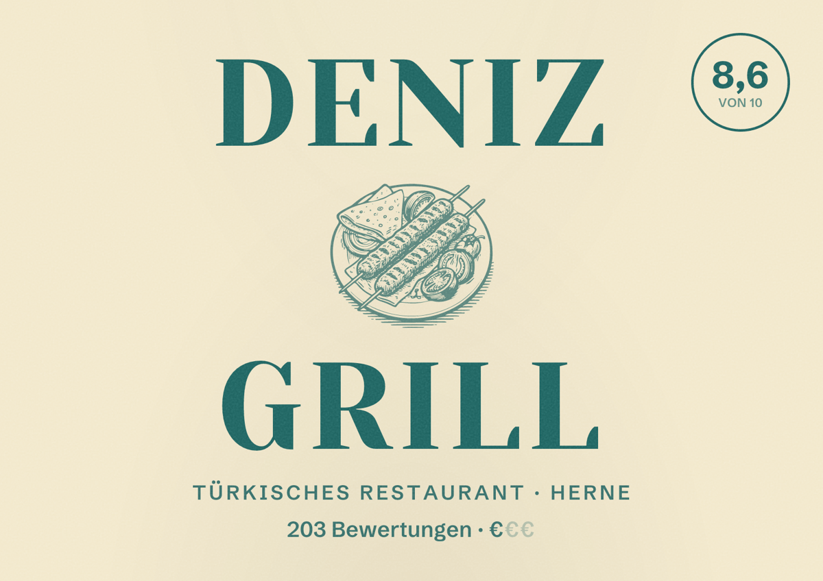 Illustriertes Poster von Deniz Grill, Türkisches Restaurant in Herne: Bewertung 8,6 von 10 aus 203 Bewertungen, Preisniveau €