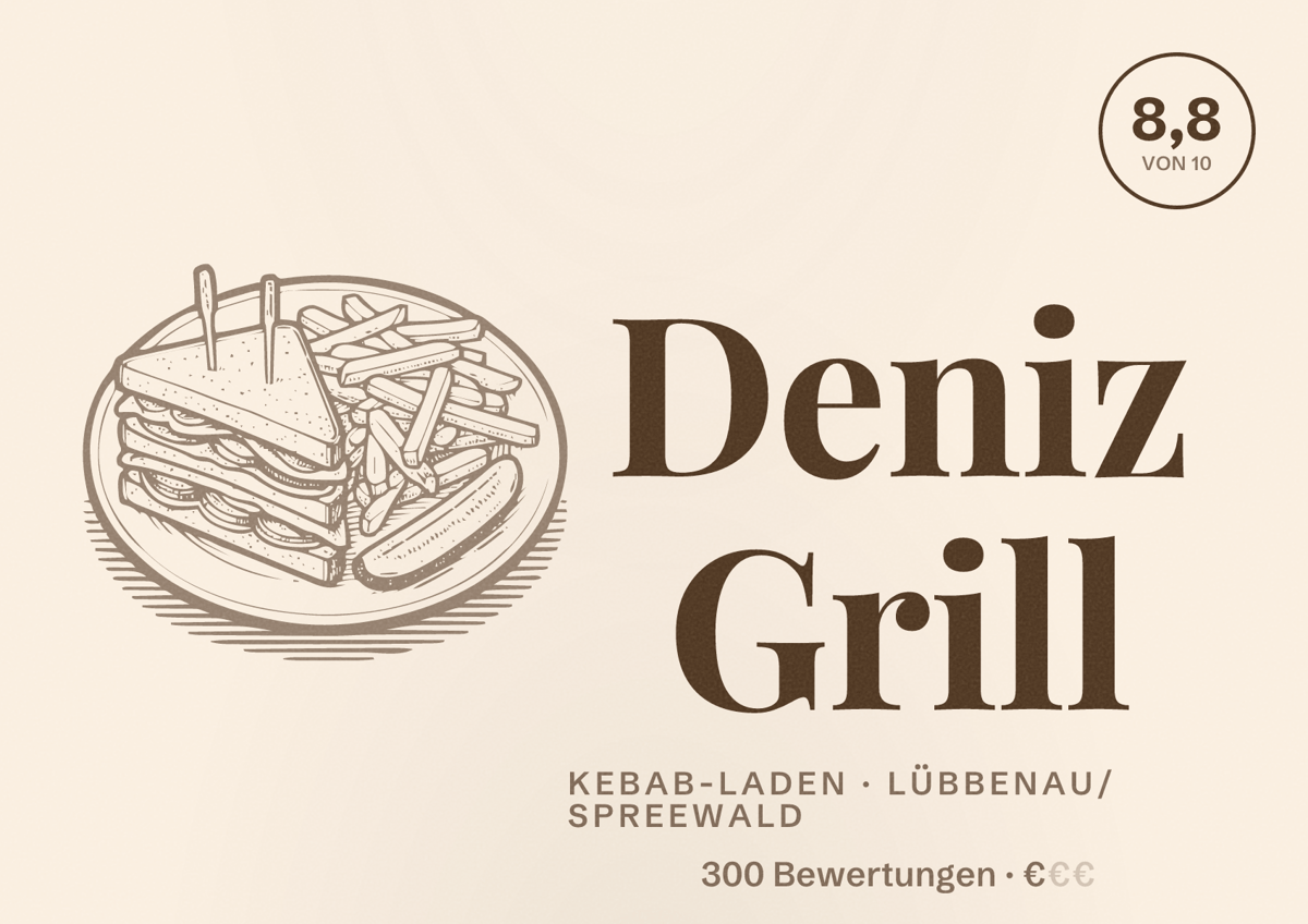 Illustriertes Poster von Deniz Grill, Kebab-Laden in Lübbenau/Spreewald: Bewertung 8,8 von 10 aus 300 Bewertungen, Preisniveau €