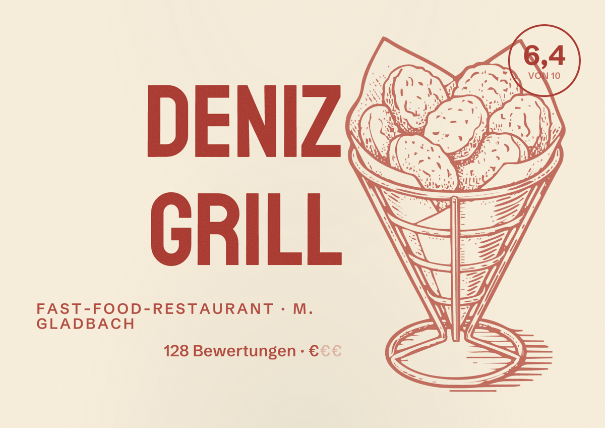 Illustriertes Poster von Deniz Grill, Fast-Food-Restaurant in M. Gladbach: Bewertung 6,4 von 10 aus 128 Bewertungen, Preisniveau €
