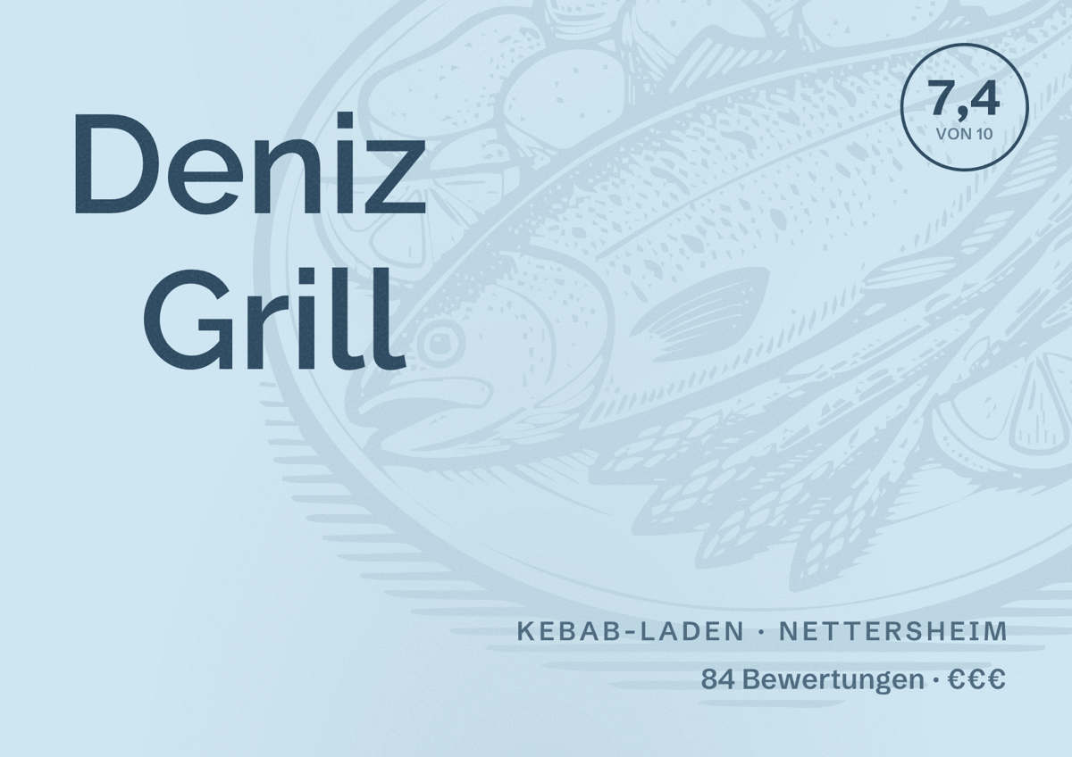 Illustriertes Poster von Deniz Grill, Kebab-Laden in Nettersheim: Bewertung 7,4 von 10 aus 84 Bewertungen, Preisniveau €€€
