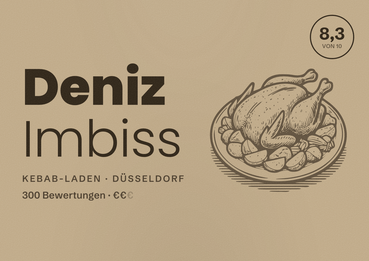 Illustriertes Poster von Deniz Imbiss, Kebab-Laden in Düsseldorf: Bewertung 8,3 von 10 aus 300 Bewertungen, Preisniveau €€