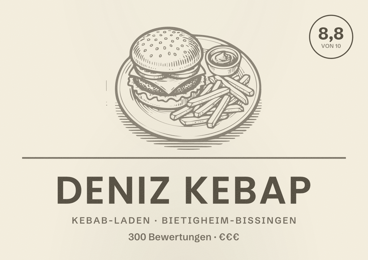 Illustriertes Poster von Deniz Kebap, Kebab-Laden in Bietigheim-Bissingen: Bewertung 8,8 von 10 aus 300 Bewertungen, Preisniveau €€€