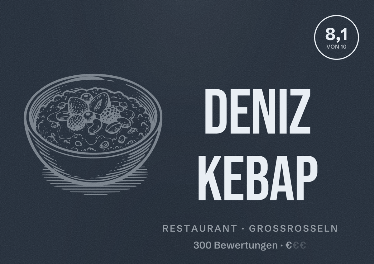 Illustriertes Poster von Deniz Kebap, Restaurant in Großrosseln: Bewertung 8,1 von 10 aus 300 Bewertungen, Preisniveau €