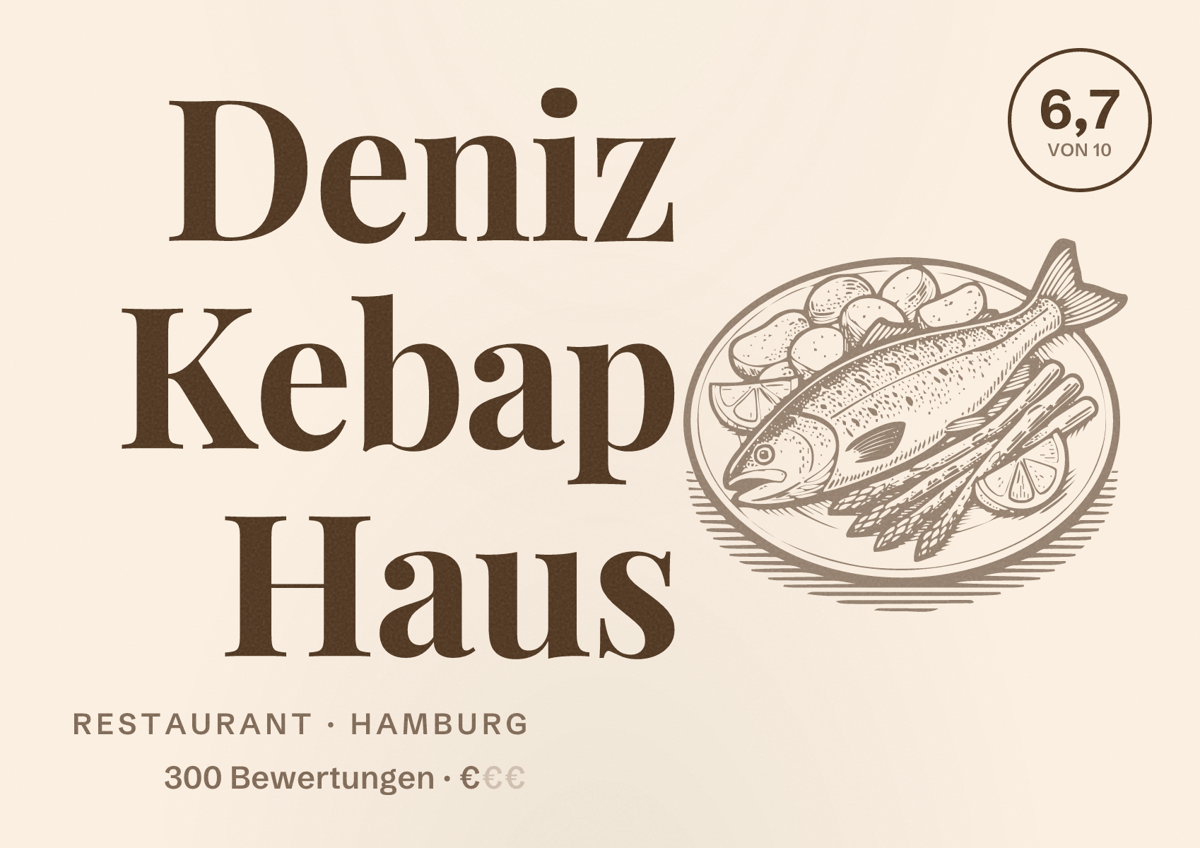 Illustriertes Poster von Deniz Kebap Haus, Restaurant in Hamburg: Bewertung 6,7 von 10 aus 300 Bewertungen, Preisniveau €