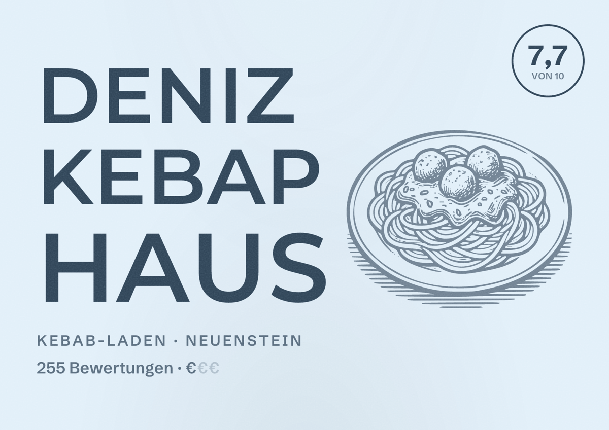 Illustriertes Poster von Deniz Kebap Haus, Kebab-Laden in Neuenstein: Bewertung 7,7 von 10 aus 255 Bewertungen, Preisniveau €