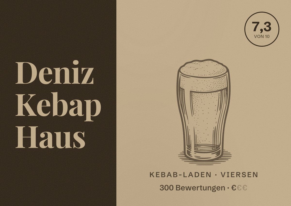 Illustriertes Poster von Deniz Kebap Haus, Kebab-Laden in Viersen: Bewertung 7,3 von 10 aus 300 Bewertungen, Preisniveau €