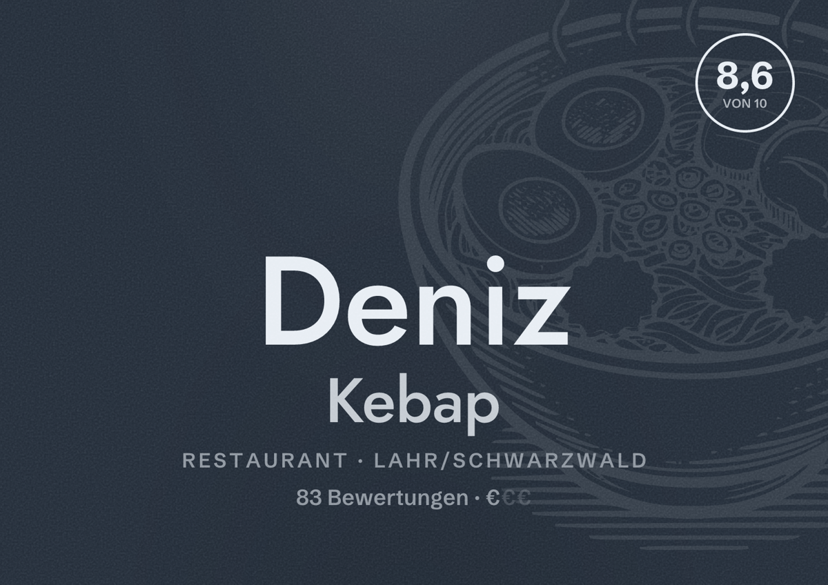 Illustriertes Poster von Deniz Kebap, Restaurant in Lahr/Schwarzwald: Bewertung 8,6 von 10 aus 83 Bewertungen, Preisniveau €