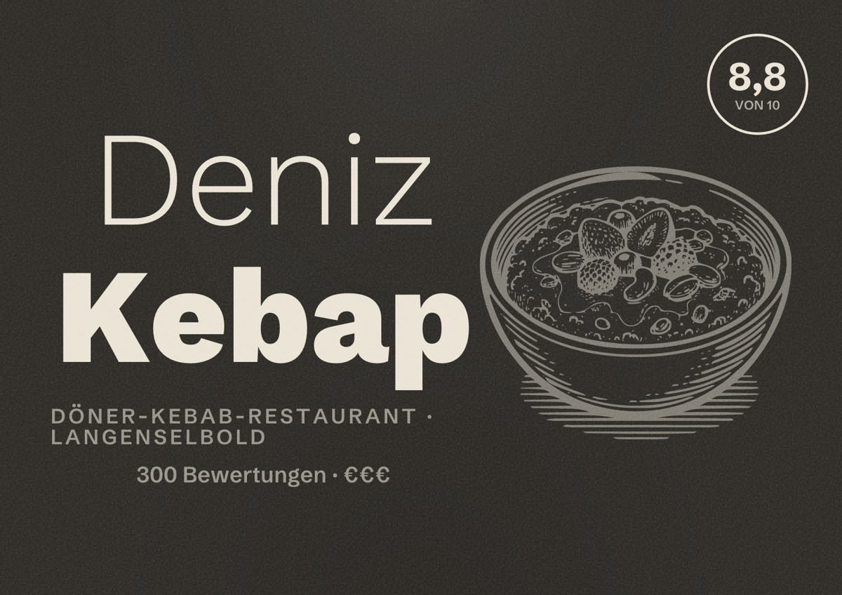 Illustriertes Poster von Deniz Kebap, Döner-Kebab-Restaurant in Langenselbold: Bewertung 8,8 von 10 aus 300 Bewertungen, Preisniveau €€€