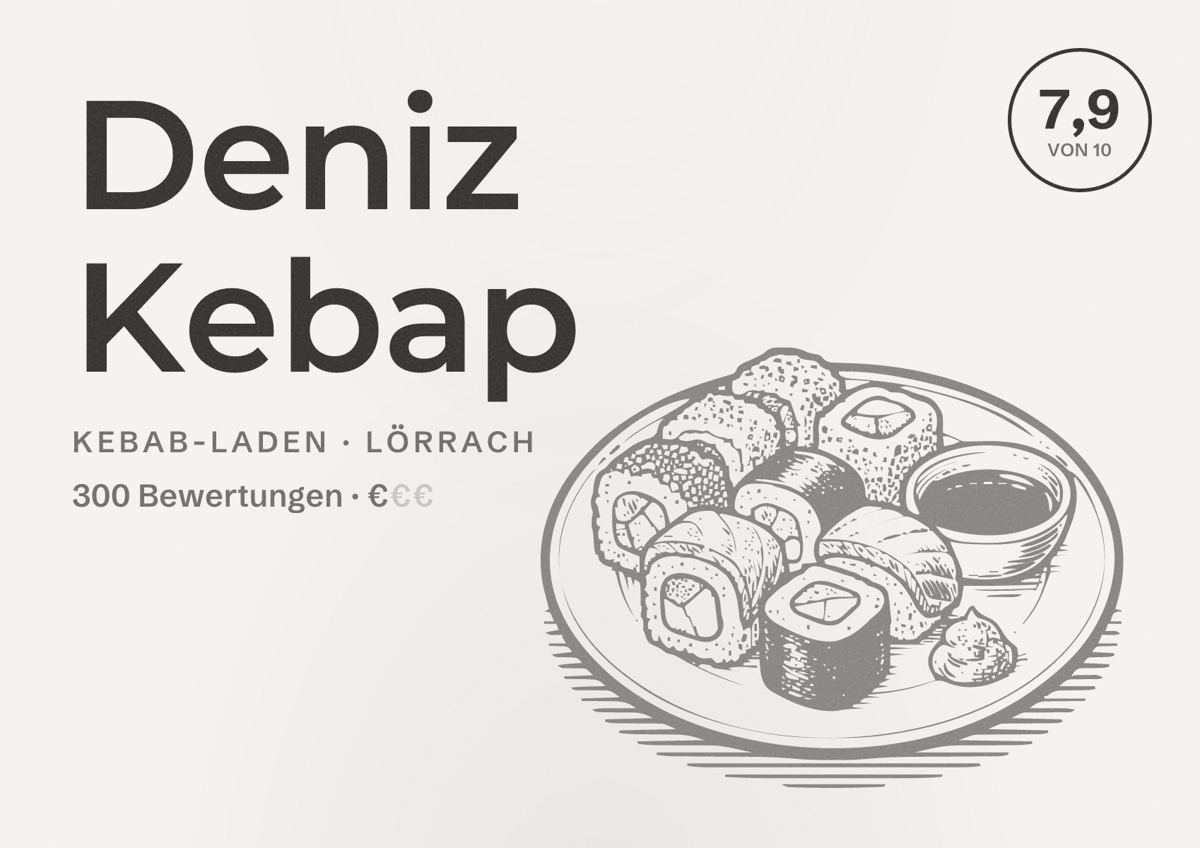Illustriertes Poster von Deniz Kebap, Kebab-Laden in Lörrach: Bewertung 7,9 von 10 aus 300 Bewertungen, Preisniveau €