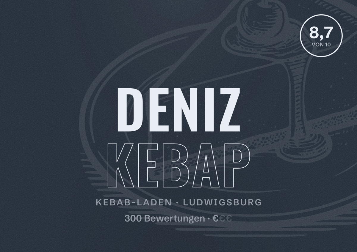 Illustriertes Poster von Deniz Kebap, Kebab-Laden in Ludwigsburg: Bewertung 8,7 von 10 aus 300 Bewertungen, Preisniveau €