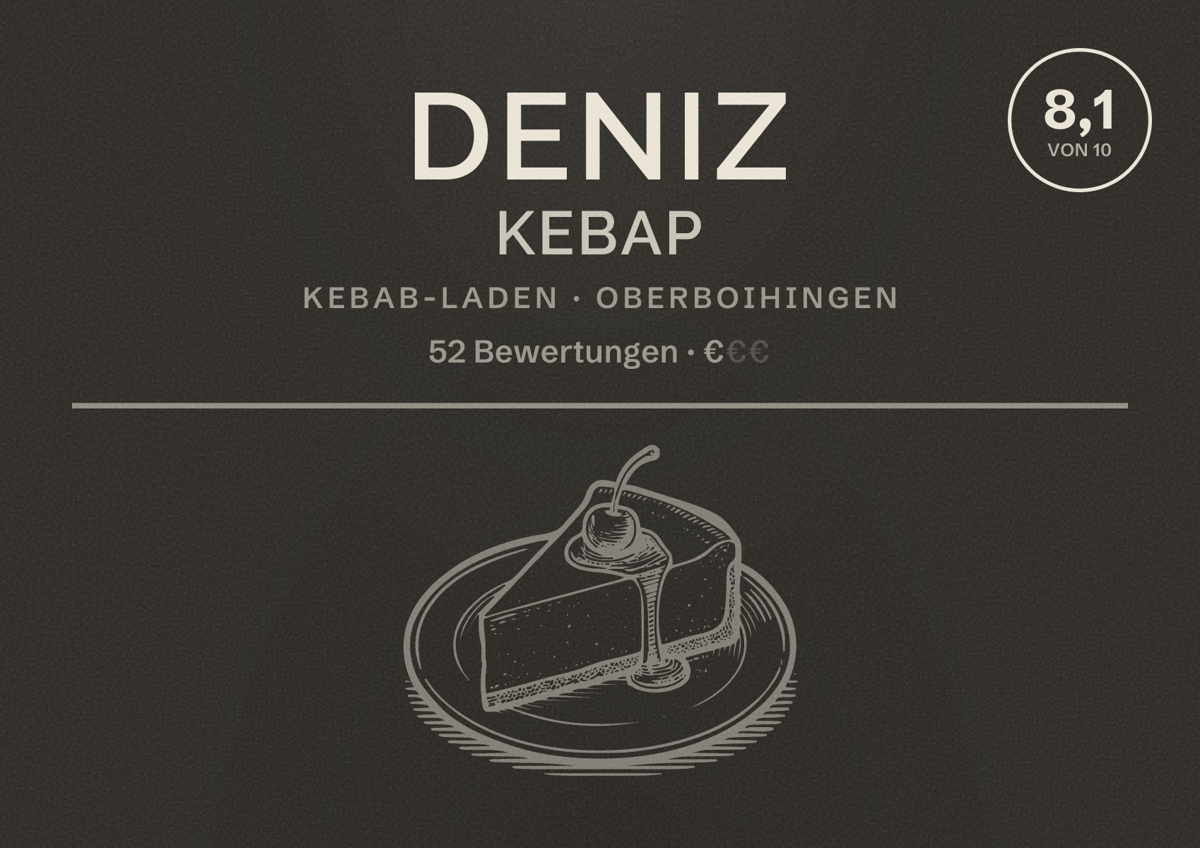 Illustriertes Poster von Deniz Kebap, Kebab-Laden in Oberboihingen: Bewertung 8,1 von 10 aus 52 Bewertungen, Preisniveau €
