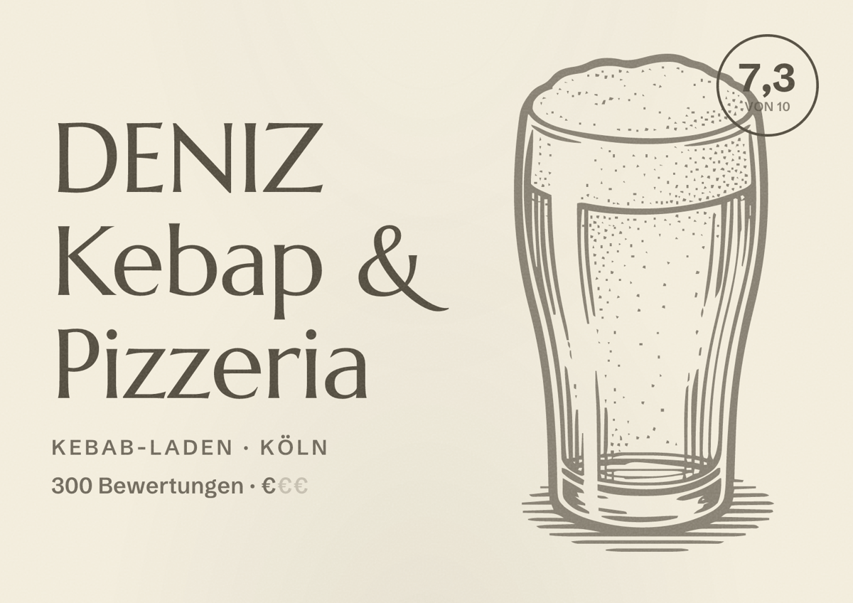 Illustriertes Poster von DENIZ Kebap & Pizzeria, Kebab-Laden in Köln: Bewertung 7,3 von 10 aus 300 Bewertungen, Preisniveau €