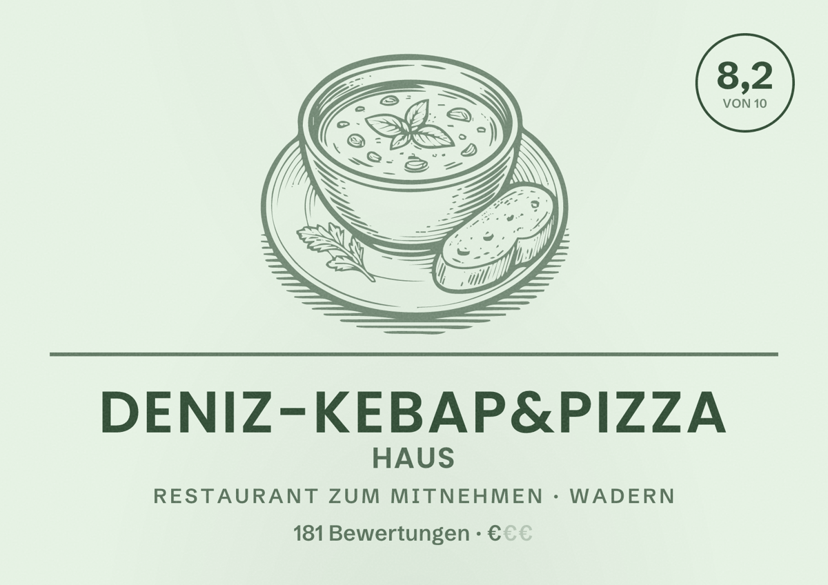 Illustriertes Poster von Deniz-Kebap&Pizza Haus, Restaurant zum Mitnehmen in Wadern: Bewertung 8,2 von 10 aus 181 Bewertungen, Preisniveau €