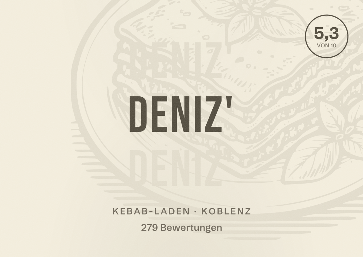 Illustriertes Poster von Deniz', Kebab-Laden in Koblenz: Bewertung 5,3 von 10 aus 279 Bewertungen