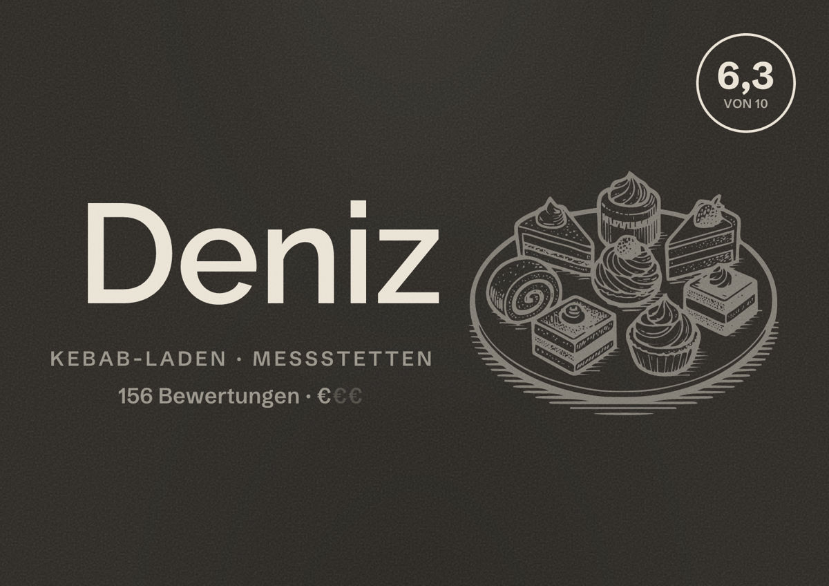 Illustriertes Poster von Deniz, Kebab-Laden in Meßstetten: Bewertung 6,3 von 10 aus 156 Bewertungen, Preisniveau €