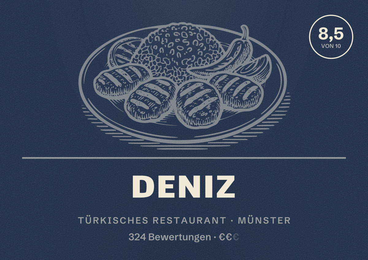 Illustriertes Poster von Deniz, Türkisches Restaurant in Münster: Bewertung 8,5 von 10 aus 324 Bewertungen, Preisniveau €€