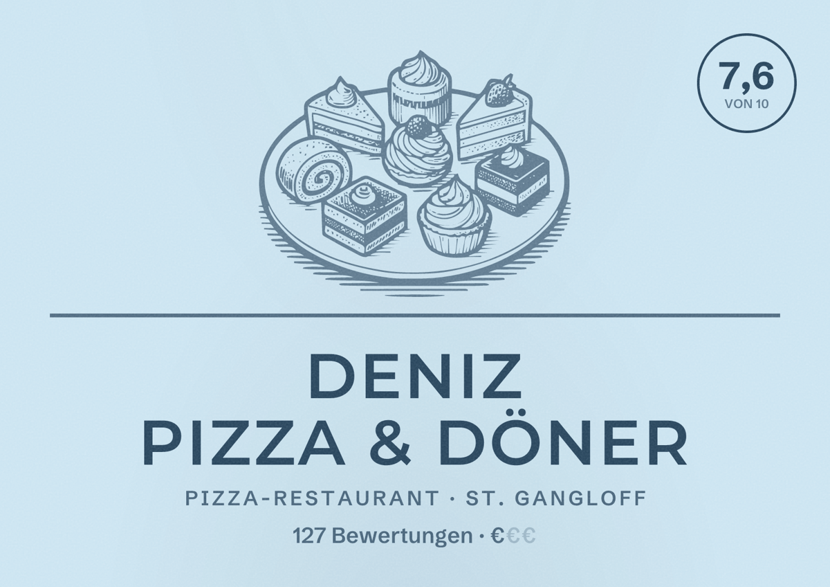 Illustriertes Poster von Deniz Pizza & Döner, Pizza-Restaurant in St. Gangloff: Bewertung 7,6 von 10 aus 127 Bewertungen, Preisniveau €