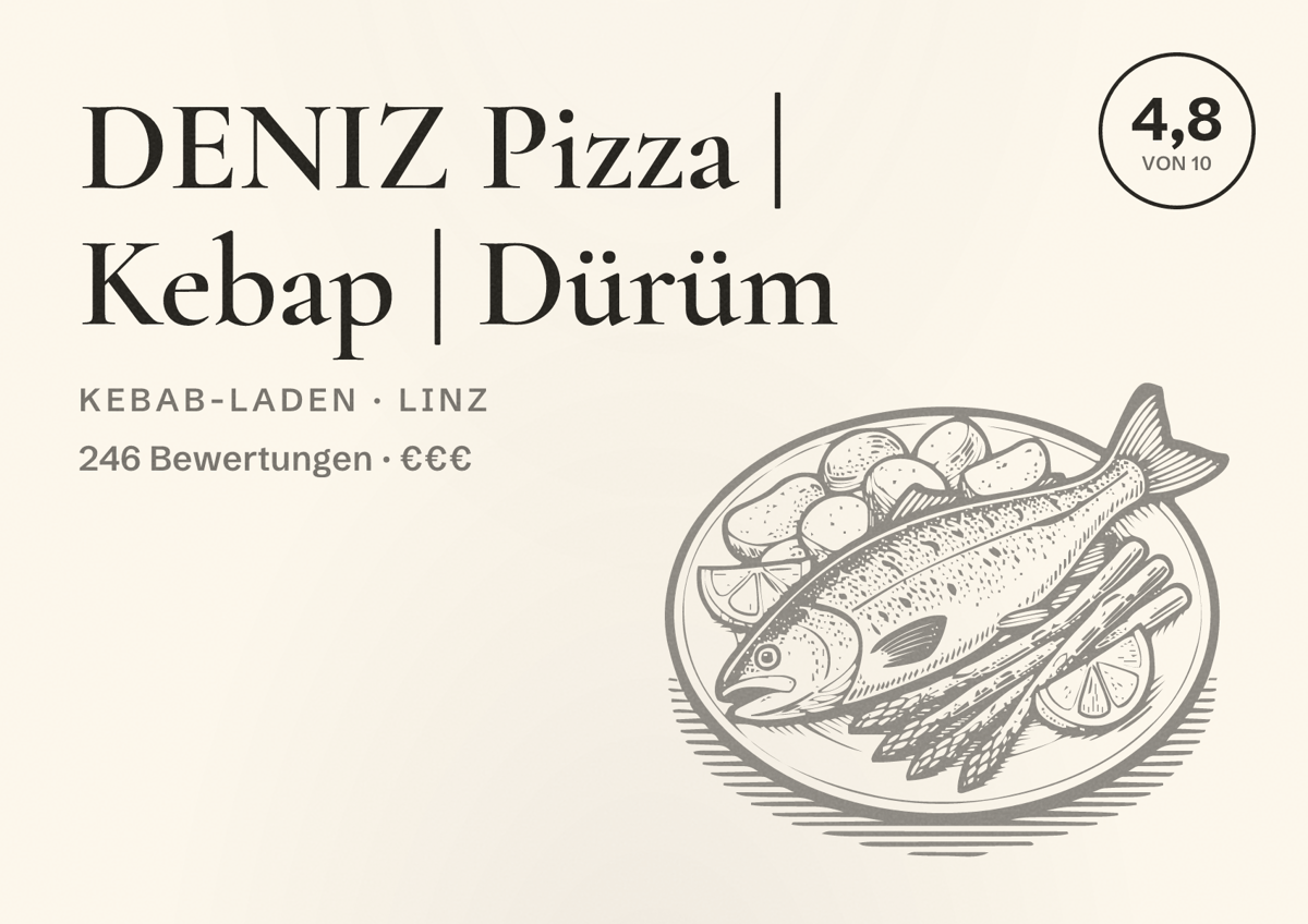 Illustriertes Poster von DENIZ Pizza | Kebap | Dürüm, Kebab-Laden in Linz: Bewertung 4,8 von 10 aus 246 Bewertungen, Preisniveau €€€