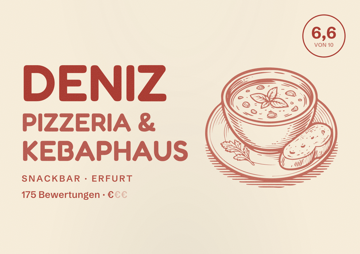 Illustriertes Poster von Deniz Pizzeria & Kebaphaus, Snackbar in Erfurt: Bewertung 6,6 von 10 aus 175 Bewertungen, Preisniveau €