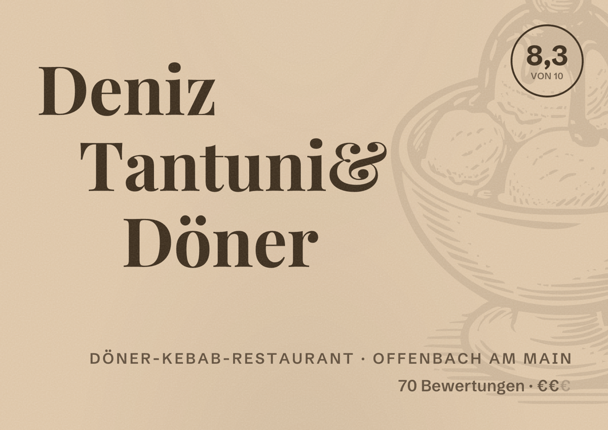 Illustriertes Poster von Deniz Tantuni& Döner, Döner-Kebab-Restaurant in Offenbach am Main: Bewertung 8,3 von 10 aus 70 Bewertungen, Preisniveau €€