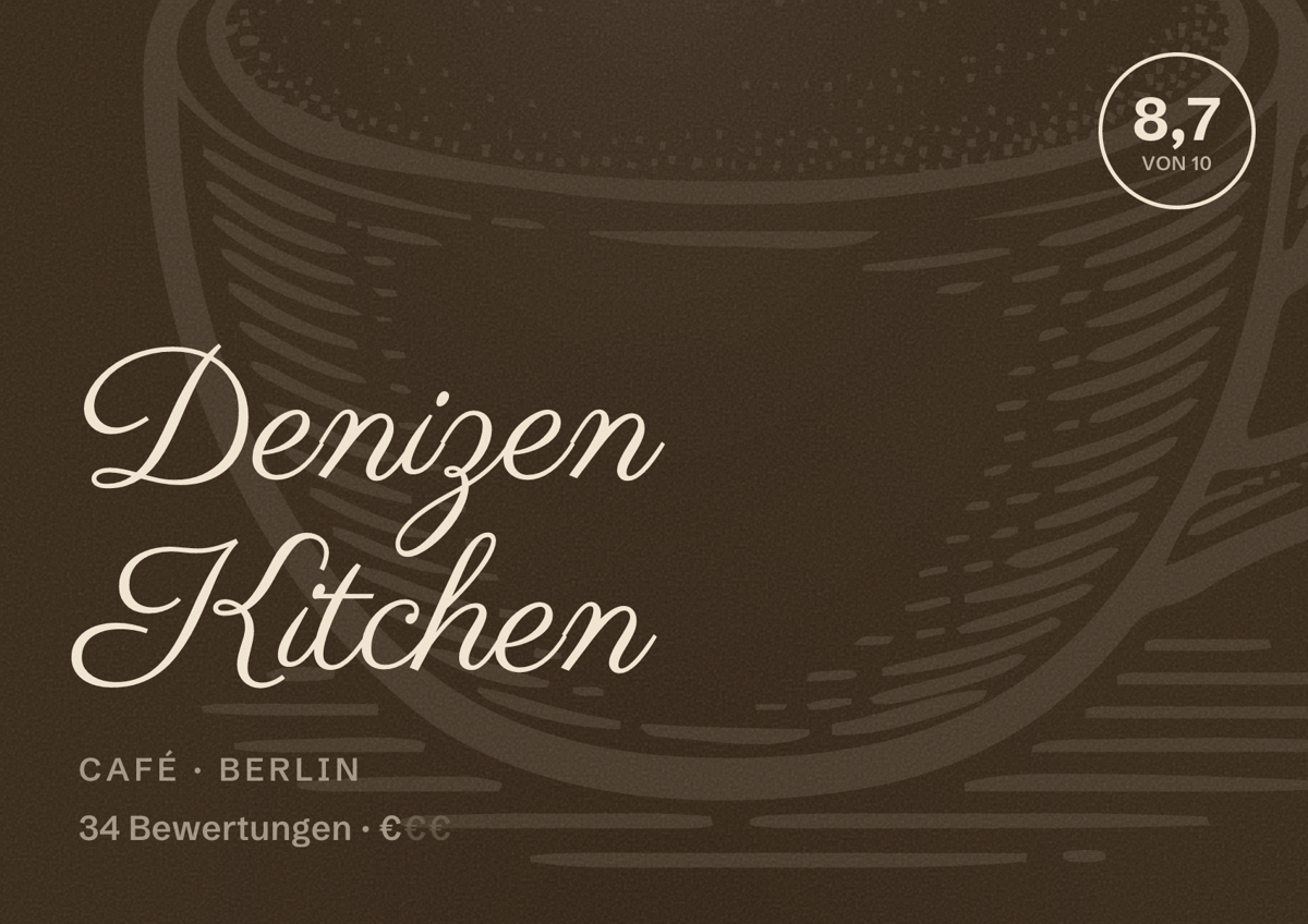 Illustriertes Poster von Denizen Kitchen, Café in Berlin: Bewertung 8,7 von 10 aus 34 Bewertungen, Preisniveau €