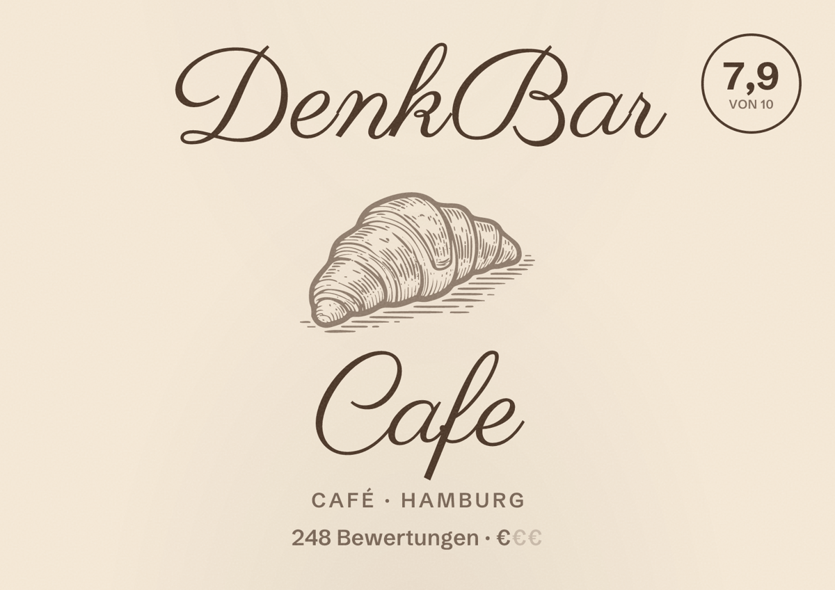 Illustriertes Poster von DenkBar Cafe, Café in Hamburg: Bewertung 7,9 von 10 aus 248 Bewertungen, Preisniveau €