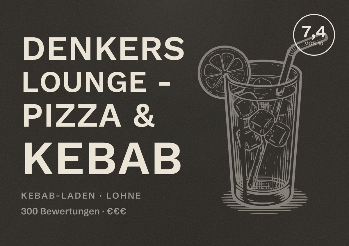 Illustriertes Poster von Denkers Lounge - Pizza & Kebab, Kebab-Laden in Lohne: Bewertung 7,4 von 10 aus 300 Bewertungen, Preisniveau €€€