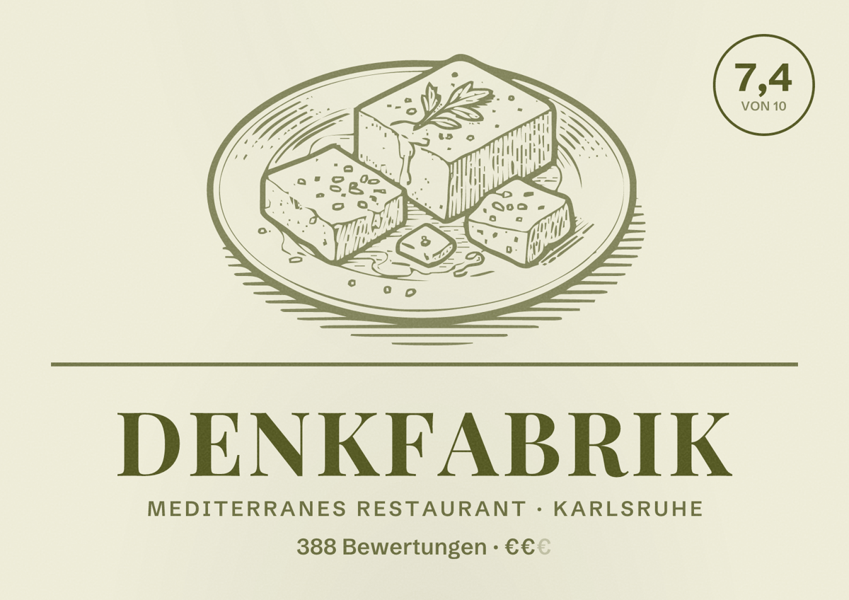 Illustriertes Poster von Denkfabrik, Mediterranes Restaurant in Karlsruhe: Bewertung 7,4 von 10 aus 388 Bewertungen, Preisniveau €€