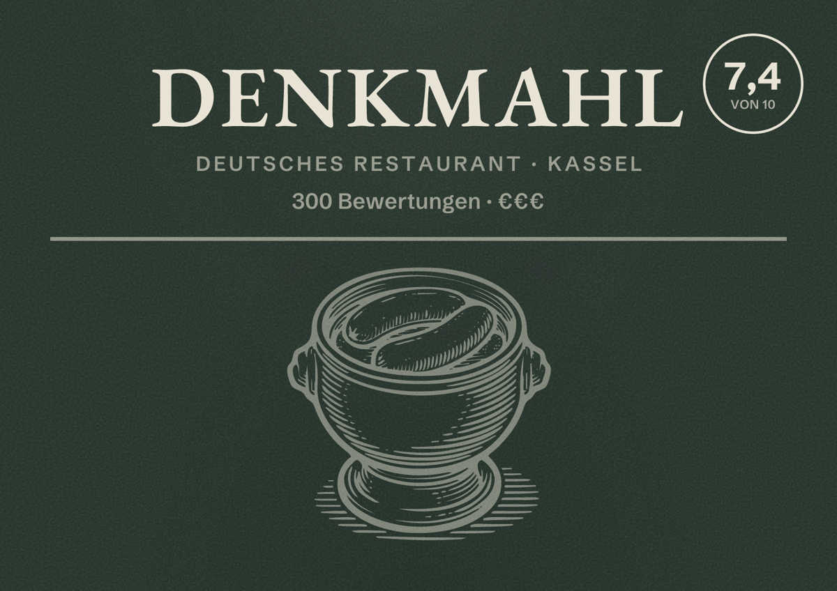 Illustriertes Poster von denkMAHL, Deutsches Restaurant in Kassel: Bewertung 7,4 von 10 aus 300 Bewertungen, Preisniveau €€€
