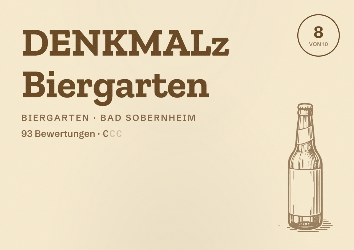 Illustriertes Poster von DENKMALz Biergarten, Biergarten in Bad Sobernheim: Bewertung 8 von 10 aus 93 Bewertungen, Preisniveau €