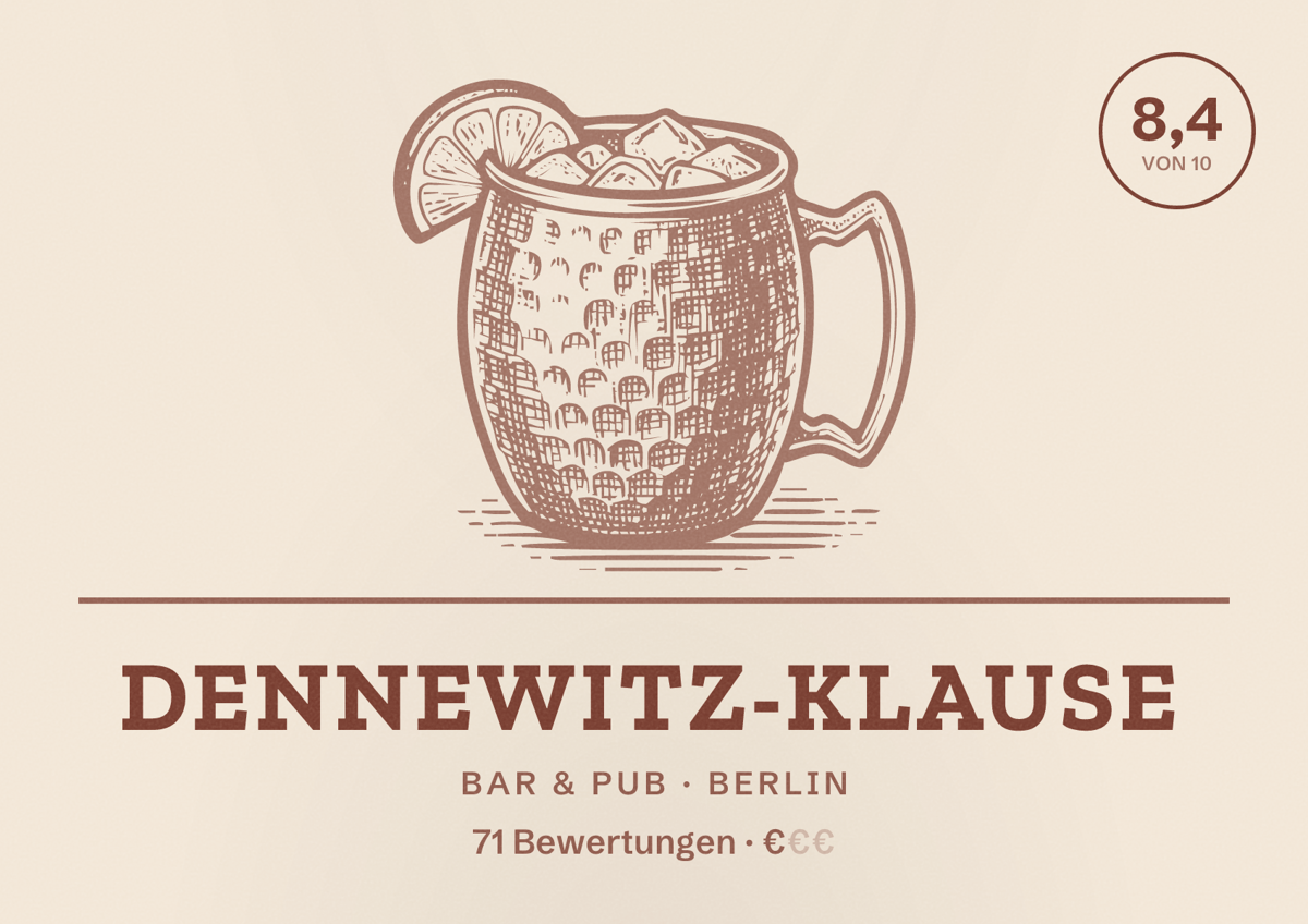Illustriertes Poster von Dennewitz-Klause, Bar & Pub in Berlin: Bewertung 8,4 von 10 aus 71 Bewertungen, Preisniveau €