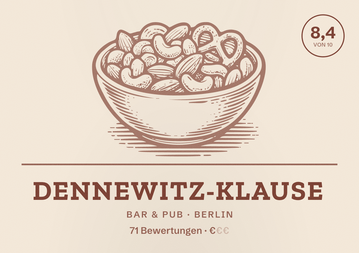 Illustriertes Poster von Dennewitz-Klause, Bar & Pub in Berlin: Bewertung 8,4 von 10 aus 71 Bewertungen, Preisniveau €