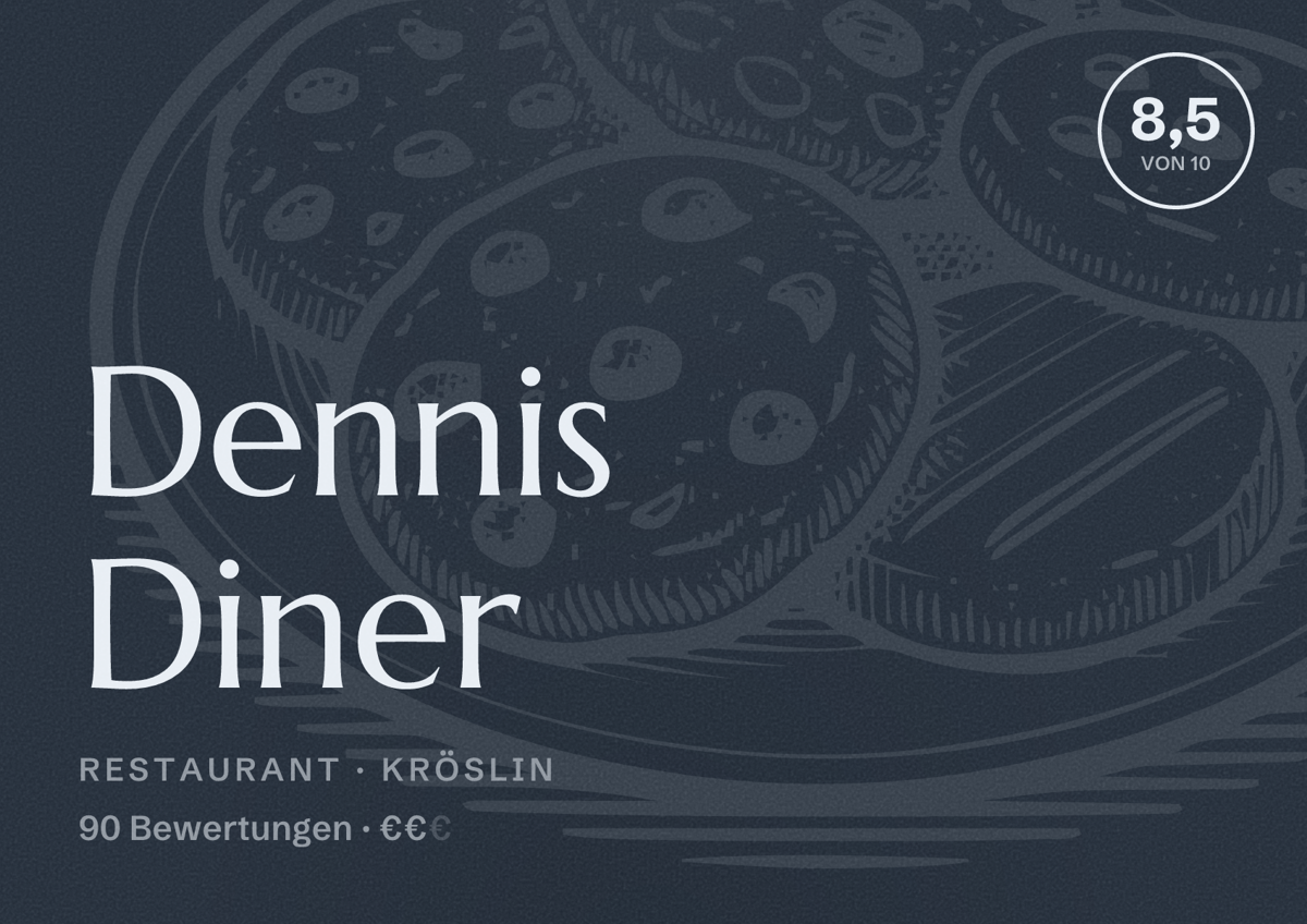 Illustriertes Poster von Dennis Diner, Restaurant in Kröslin: Bewertung 8,5 von 10 aus 90 Bewertungen, Preisniveau €€
