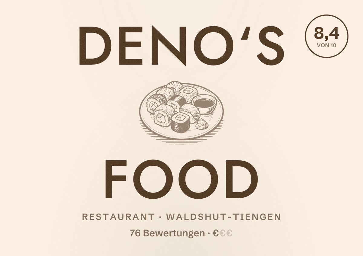 Illustriertes Poster von Deno‘s Food, Restaurant in Waldshut-Tiengen: Bewertung 8,4 von 10 aus 76 Bewertungen, Preisniveau €