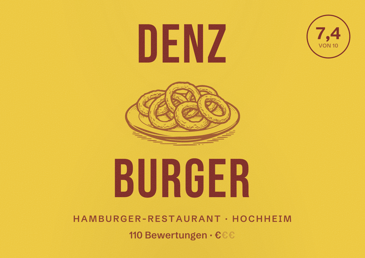 Illustriertes Poster von Denz Burger, Hamburger-Restaurant in Hochheim: Bewertung 7,4 von 10 aus 110 Bewertungen, Preisniveau €