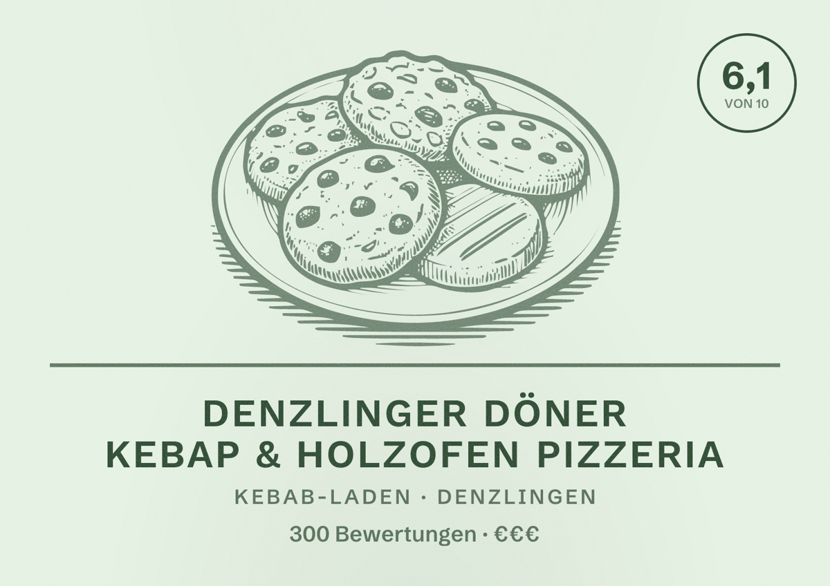 Illustriertes Poster von Denzlinger Döner Kebap & Holzofen Pizzeria, Kebab-Laden in Denzlingen: Bewertung 6,1 von 10 aus 300 Bewertungen, Preisniveau €€€