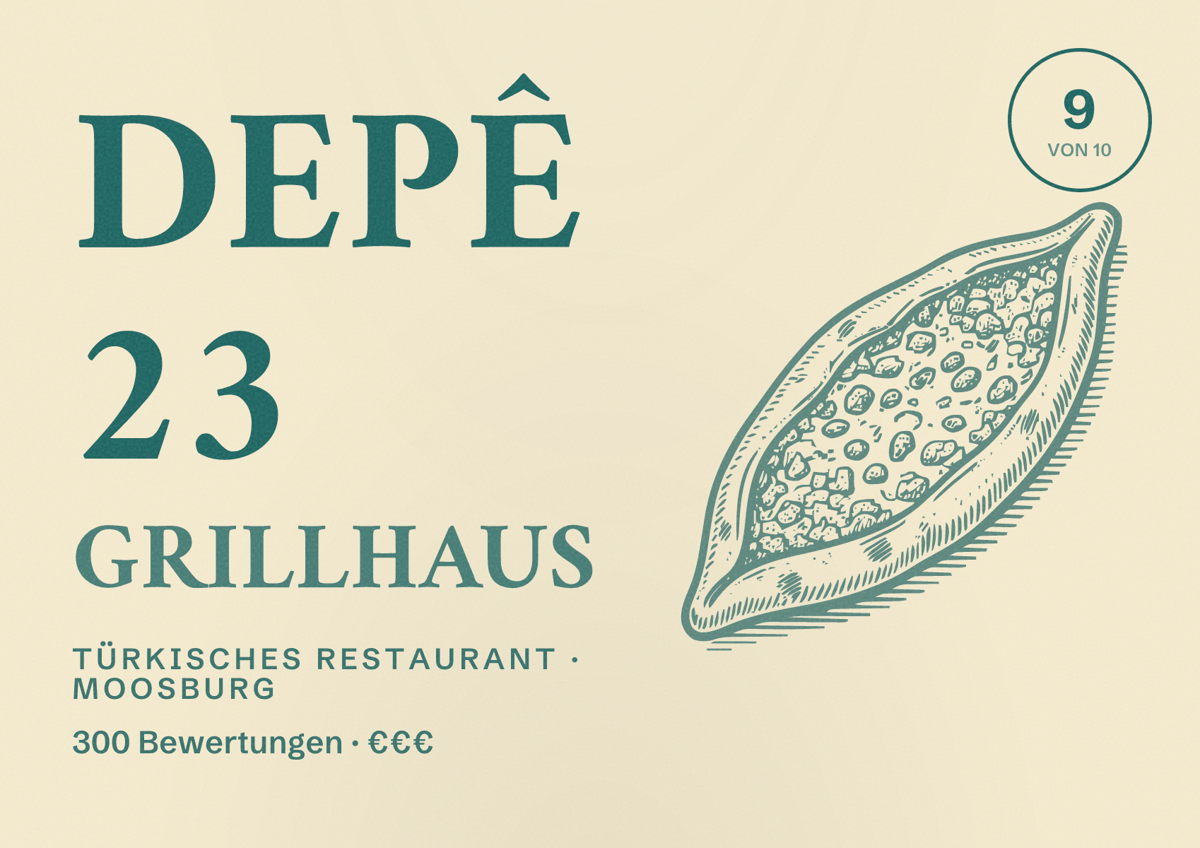 Illustriertes Poster von Depê 23 GRILLHAUS, Türkisches Restaurant in Moosburg: Bewertung 9 von 10 aus 300 Bewertungen, Preisniveau €€€
