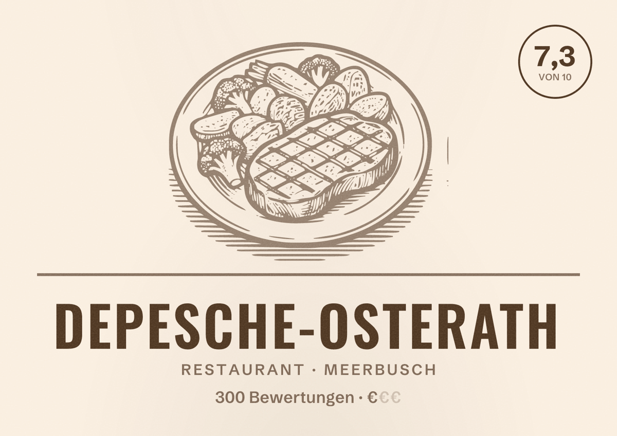 Illustriertes Poster von Depesche-Osterath, Restaurant in Meerbusch: Bewertung 7,3 von 10 aus 300 Bewertungen, Preisniveau €