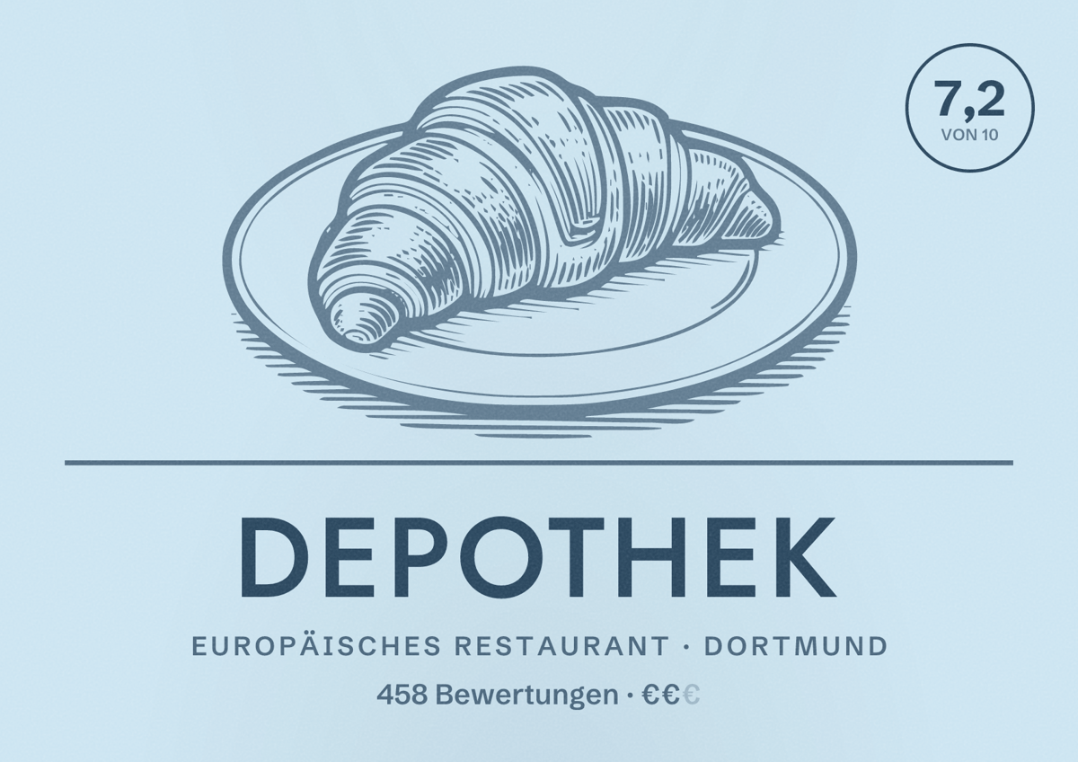 Illustriertes Poster von Depothek, Europäisches Restaurant in Dortmund: Bewertung 7,2 von 10 aus 458 Bewertungen, Preisniveau €€