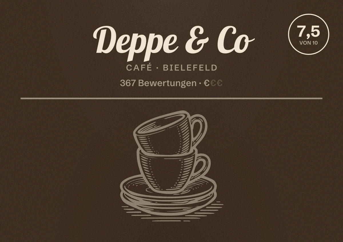 Illustriertes Poster von Deppe & Co, Café in Bielefeld: Bewertung 7,5 von 10 aus 367 Bewertungen, Preisniveau €