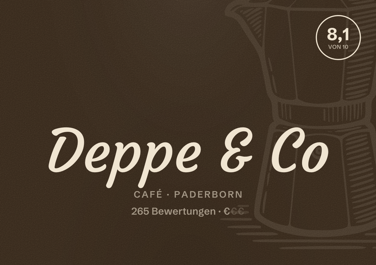 Illustriertes Poster von Deppe & Co, Café in Paderborn: Bewertung 8,1 von 10 aus 265 Bewertungen, Preisniveau €